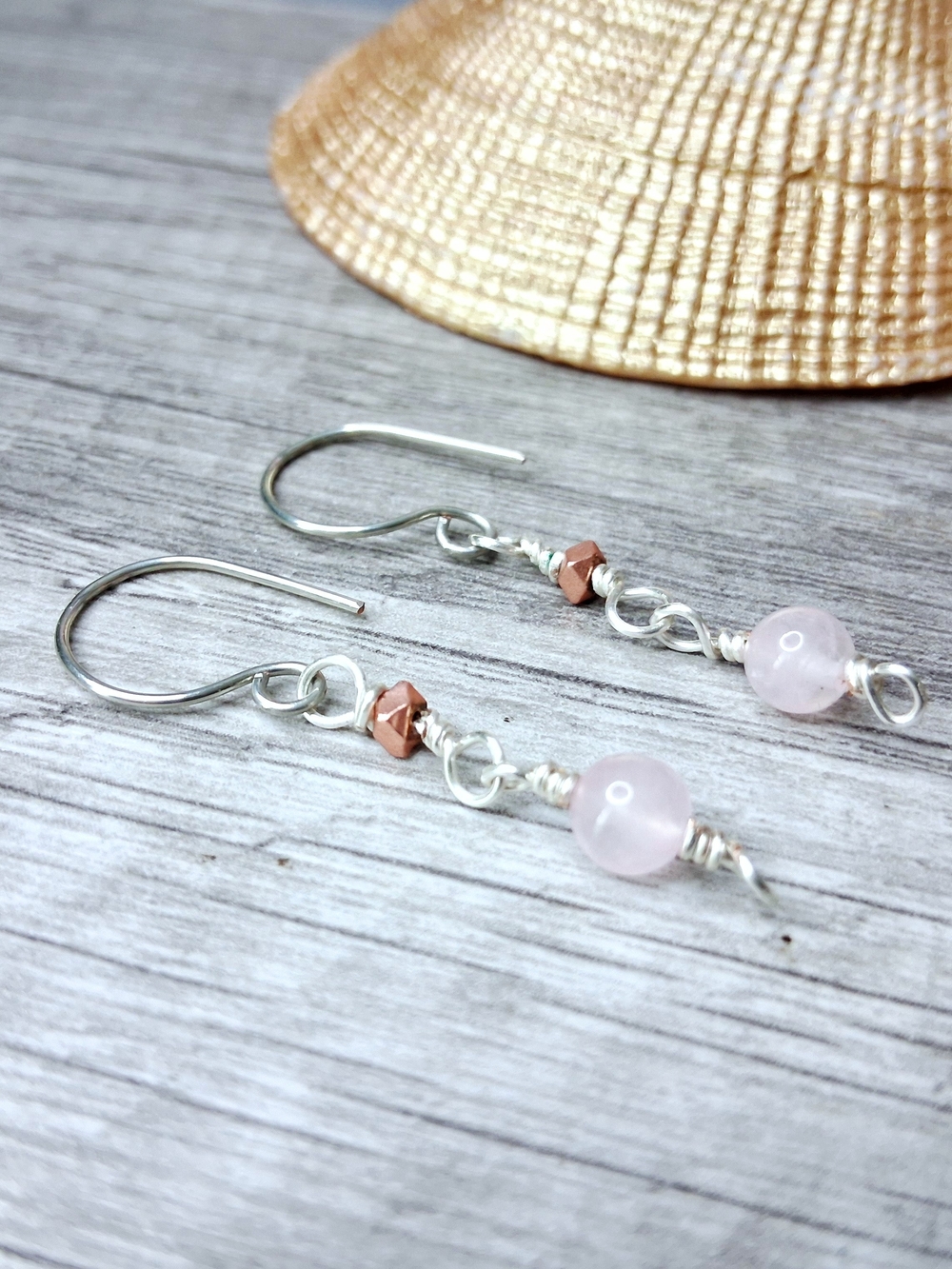 Dainty Rose Quartz Drop Earrings with Rose Gold Hematite Accent